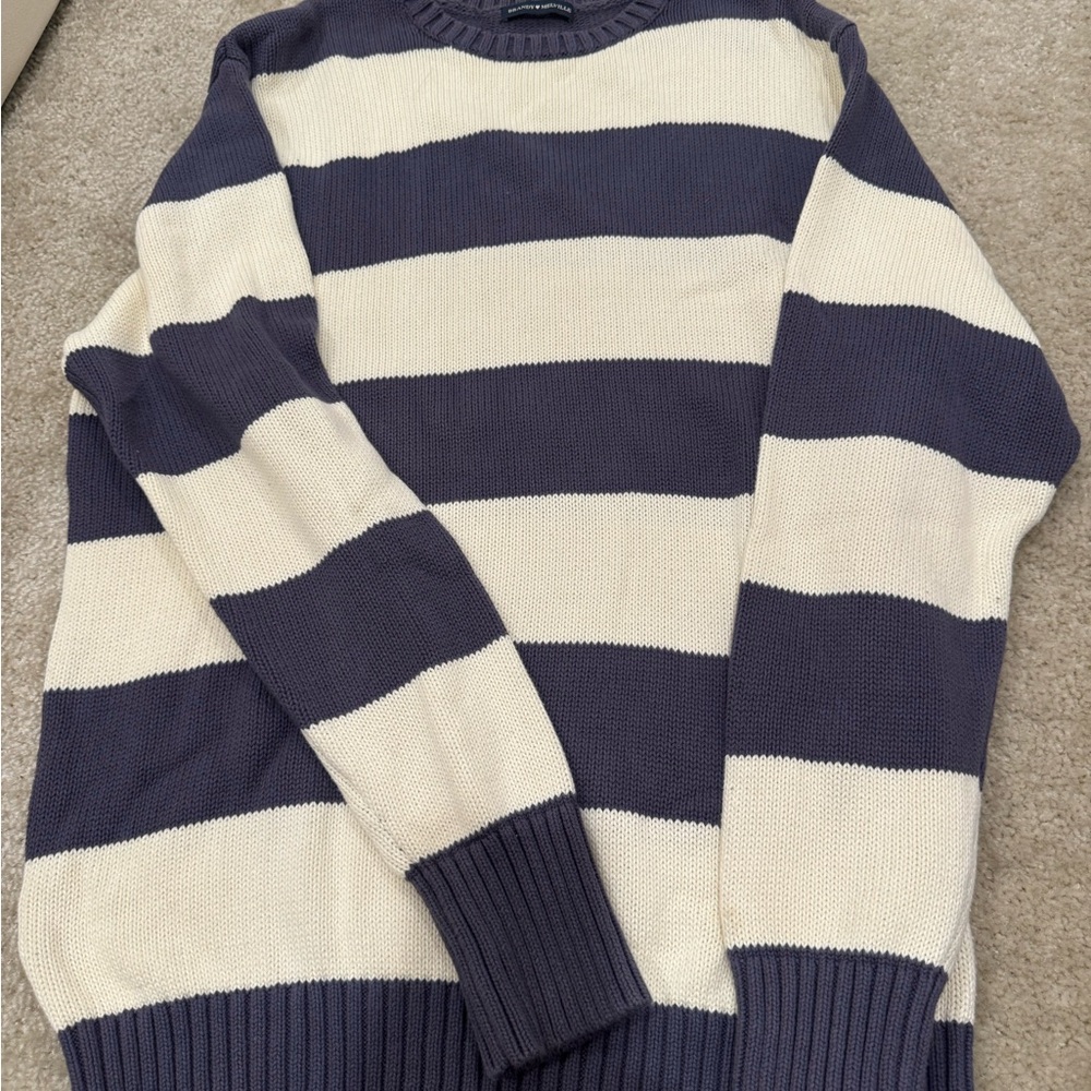 Brandy Melville Navy and Cream Striped Crewneck Sweater